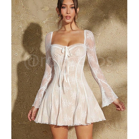 White Lace on Nude Dress Long Bell Sleeve Flared Skirt Sweetheart Tie Neckline